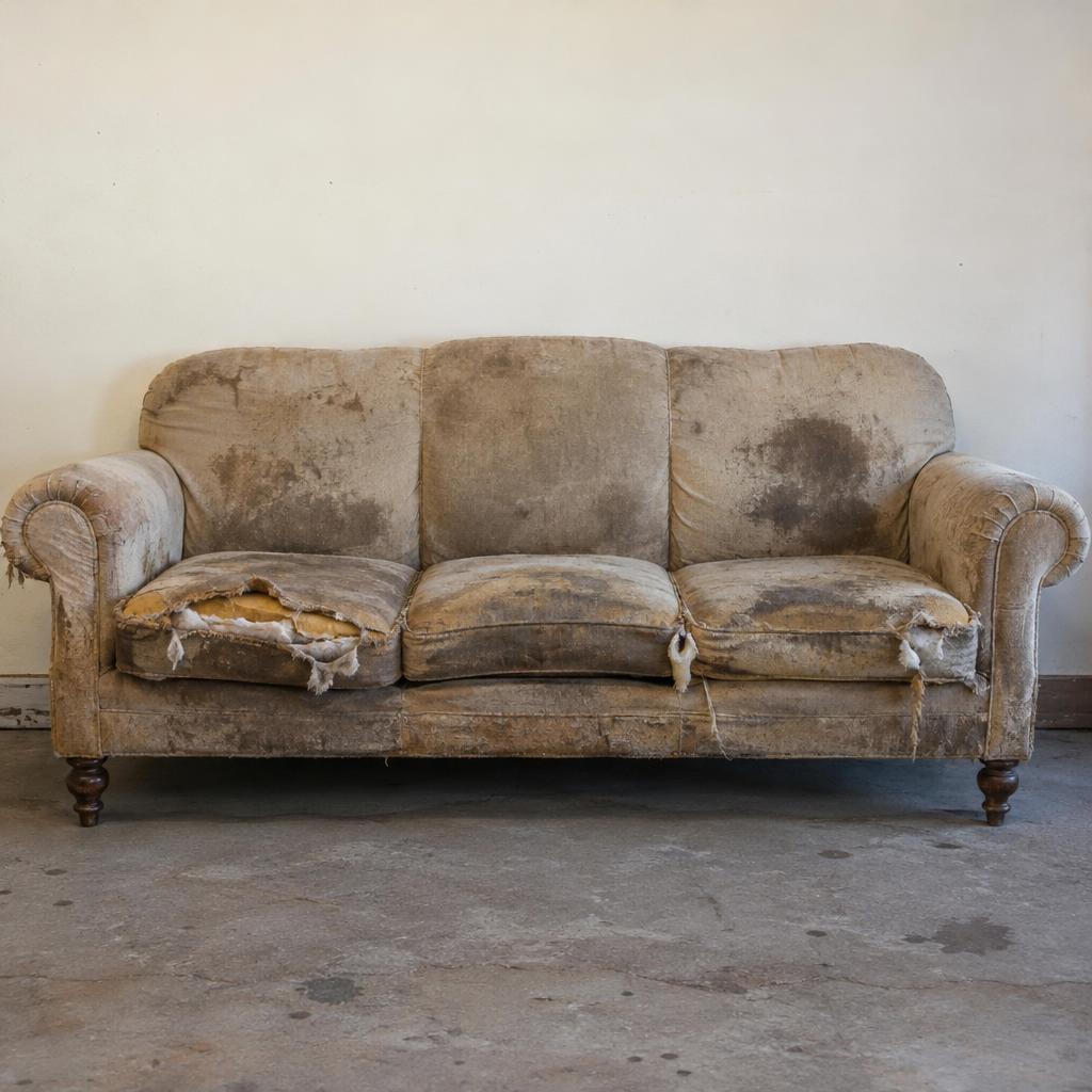 Before restoration — Three-seater sofa · Forest green velvet re-upholstery