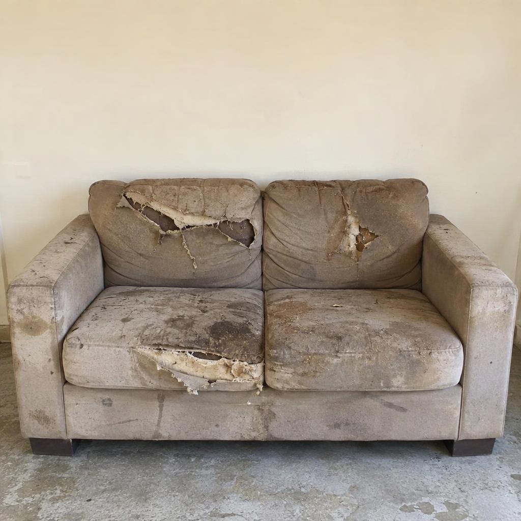 Before restoration — Two-seater sofa · Ivory boucle fabric change