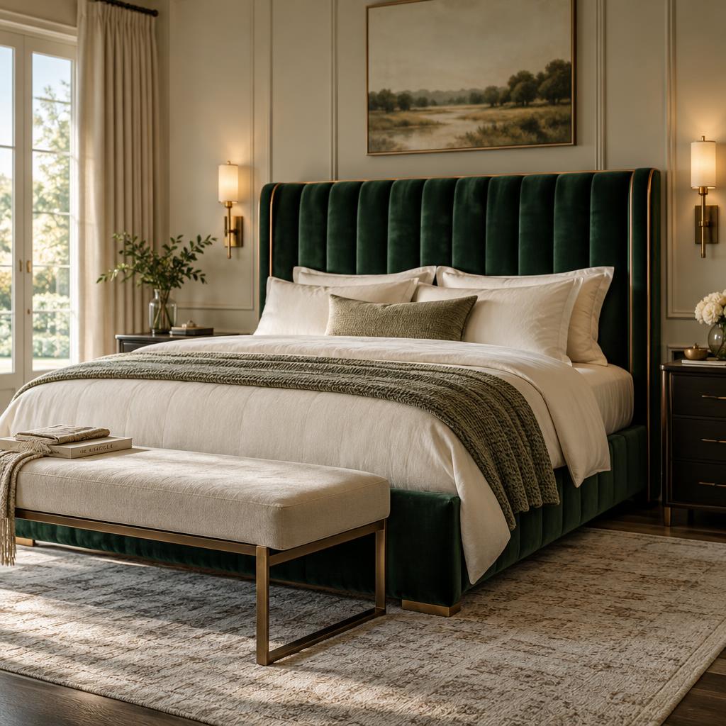 Custom bed with quilted forest-green headboard and ivory bedding