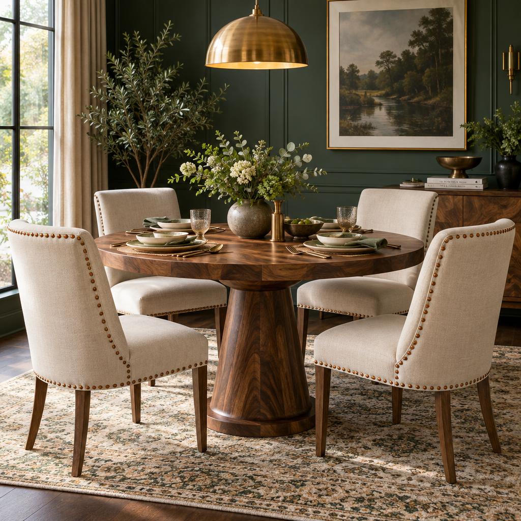 Round wooden dining table with ivory upholstered chairs