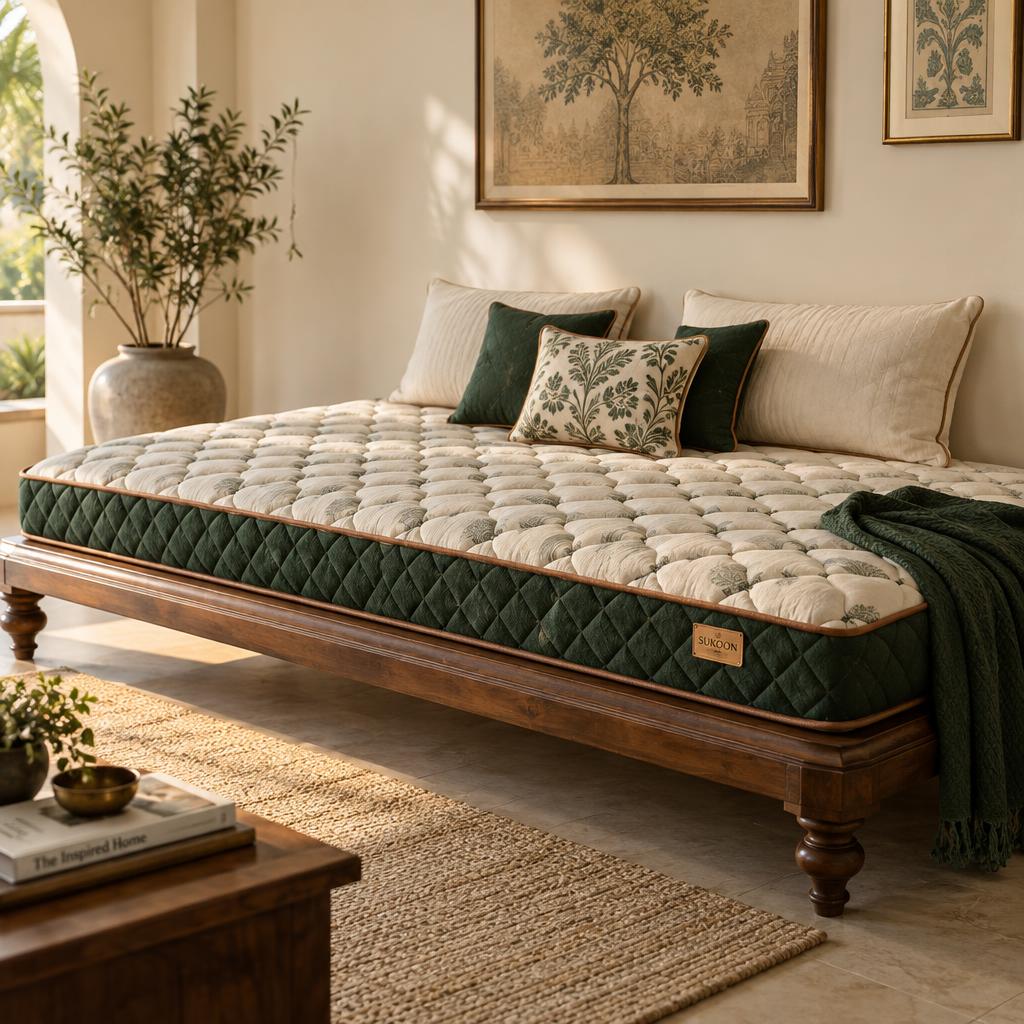 Handmade quilted mattress on a wooden diwan