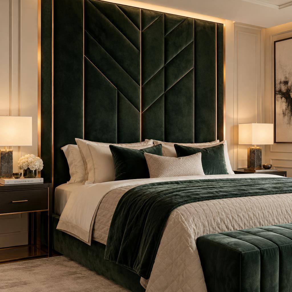 Quilted velvet wall panelling behind a bed with copper inlay
